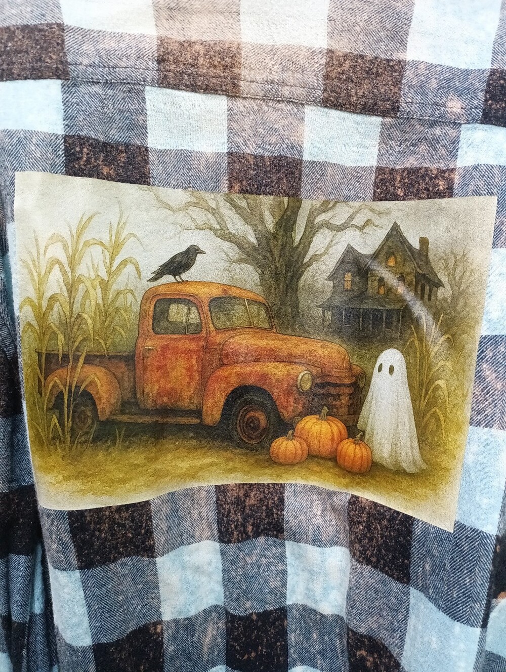 Upcycled Flannel Fall Halloween Ghost Old Truck Primitive Bleached Curated  XL